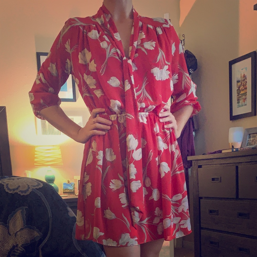 Red floral dress, Maitai, boutique, made in USA, M